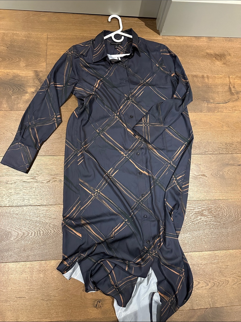 Banana Republic Navy Plaid Long Sleeve Shirt Dress